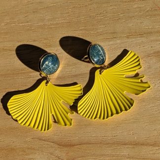 Boucles d’oreilles Cyanotype & Ginkgo jaune